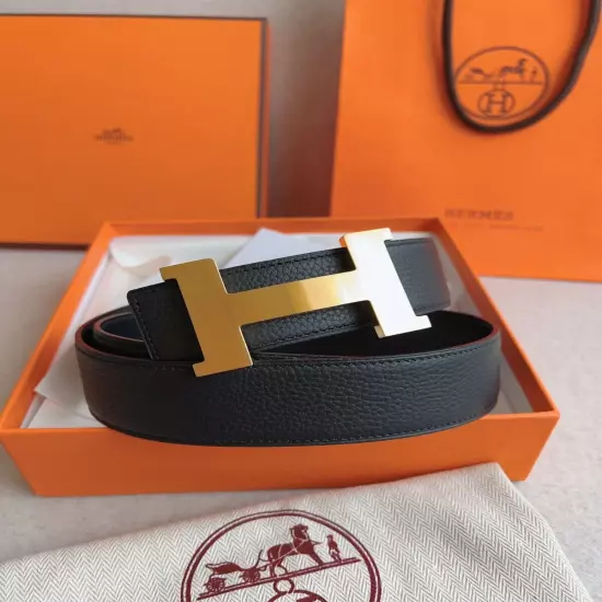 Hermès New Double-sided Men's Leather Belt Black gold buckle 38/95