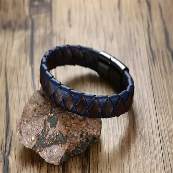 Men'S Personalized Stainless Steel Brown & Blue Braided Genuine Leather Bracelet