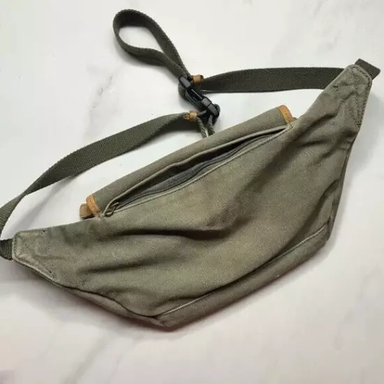 Vintage L.L.Bean Green Canvas Fanny Pack / Belt Bag Leather Trim Crossbody