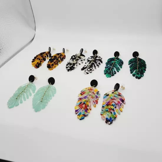 Leaf Shape Drop Dangle Earrings 5 Pair Set - Resin Acrylic Boho Women's Jewelry