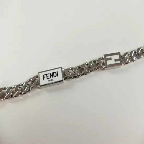 FENDI Roma Baguette white enameled logo silver tone metal bracelet Medium Italy