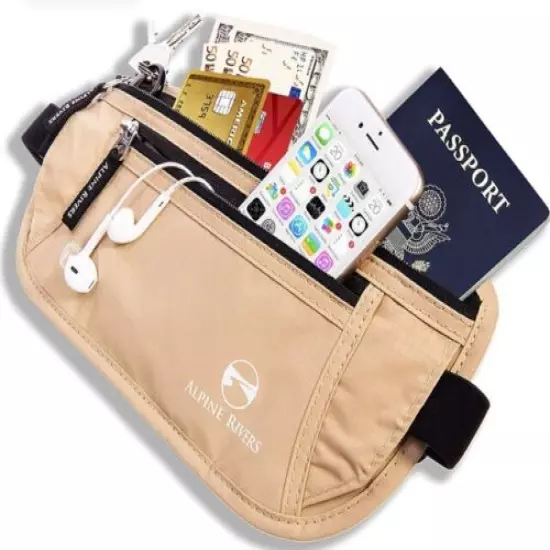 NEW, Beige ALPINE RIVERS Travel Waist Bag Fanny Pack RFID Blocking 7 Sleeves