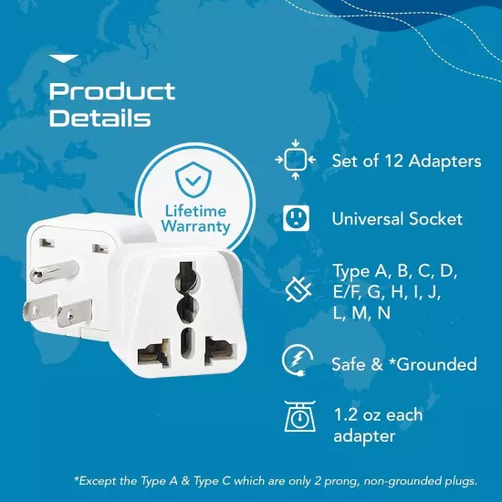 Ceptics Travel Adapter with Types A-M International Plug Adaptor Kit, Set of 12