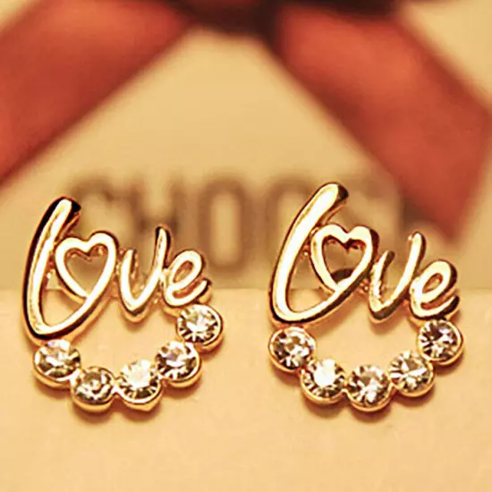 Fashion 18k Gold Plated Crystal Love Letter Stud Earrings Jewellery Womens Girls