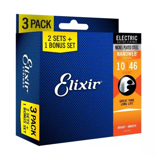 *3 SETS ELIXIR NANOWEB 12052 NICKEL PLATED ELECTRIC GUITAR STRINGS LIGHT -10-46*