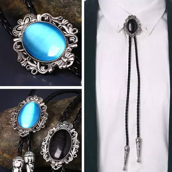 Vintage Men Bolo Tie Western Cowboy Crown Agate Turquoise Alloy Necklace PU Rope