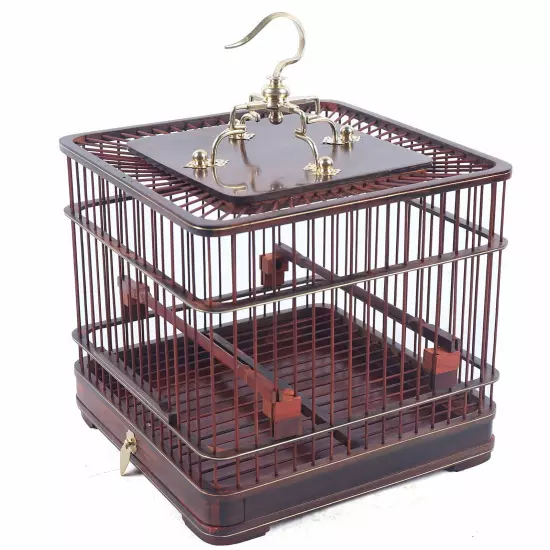 Asian Bird Cage Square Solid Wood Carved Chinese Bamboo Pet Nest Home W/ Drawer