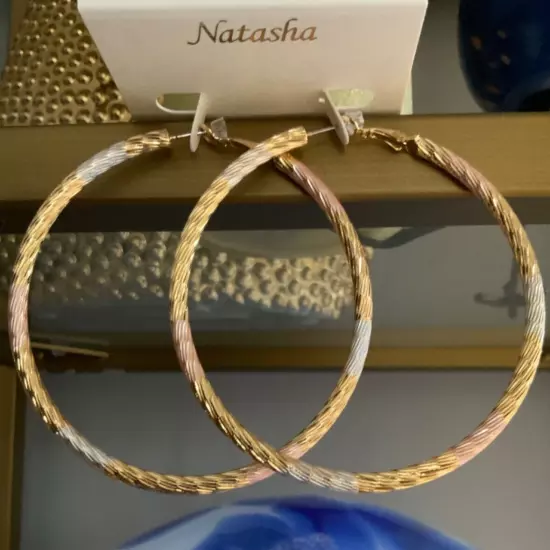 Natasha large size medweight hoop earrings gold silver tone 3” diameter NWT