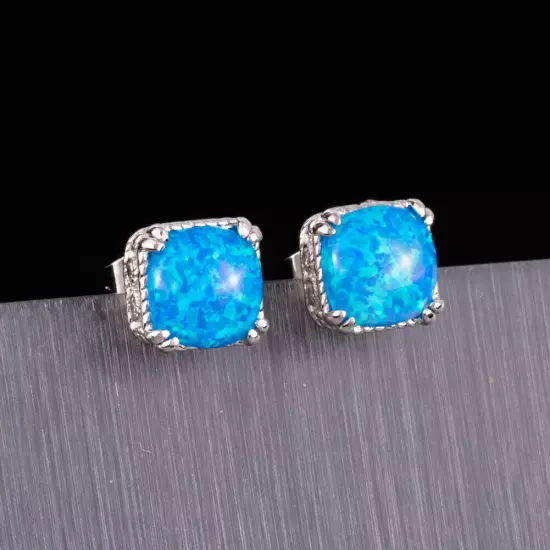 8x8 Cushion Ocean Blue Fire Opal Cabochon Silver Jewelry Simple Stud Earrings