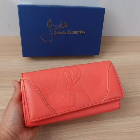 Roberta Di Camerino Wallet Leather Logo Folding Pink Peach Salmon Giada Italy