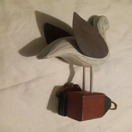 Vtg 10 3/4" Carved Wooden Shore Bird w/Base Copper Wings Rustic Primitive Decor