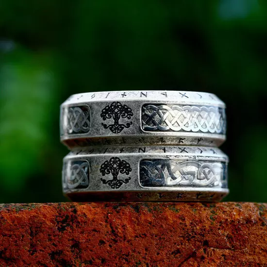 Vintage Viking Runes Celtic Knot Tree of Life Ring Stainless Steel Wedding Band