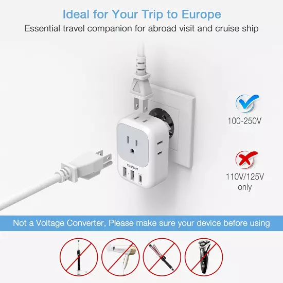 2 Pack European Travel Plug Adapter USB C, TESSAN US to Europe Plug Adapter with