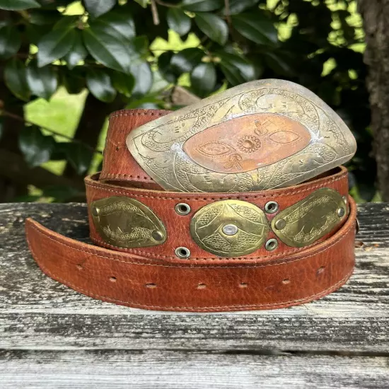 Vintage Handmade Leather Belt Hammered Metals Conchos Western Boho Size 34-36