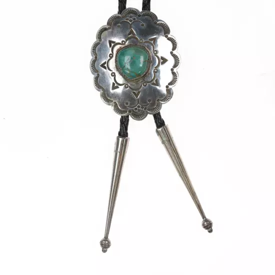 Vintage Navajo Hand stamped silver bolo tie with nice turquoise