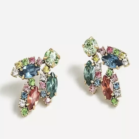 J Crew Crystal Leaf Multicolor Crystal Cluster Stud Statement Earrings