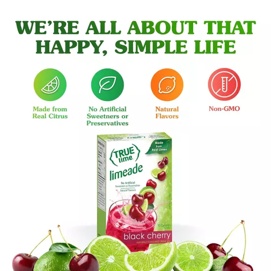 TRUE LIME Black Cherry Limeade Drink Mix (10 Packets) | Made from Real Limes | N