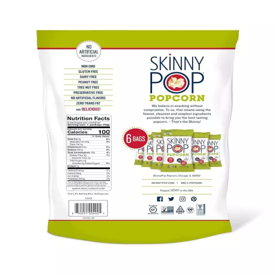 6-Pack SkinnyPop Popcorn Gluten Free, Dairy Free, Non-GMO, Healthy Snacks 0.65oz