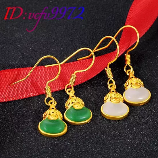 Natural Jade Gourd Earrings Real Jewelry Carved Gemstone Luxury 18K Gold Plated