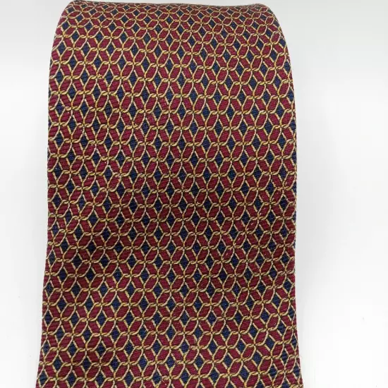 Brooks Brothers Makers Mens Silk Foulard Tie-Burgundy Navy Gold 60" Necktie Vtg