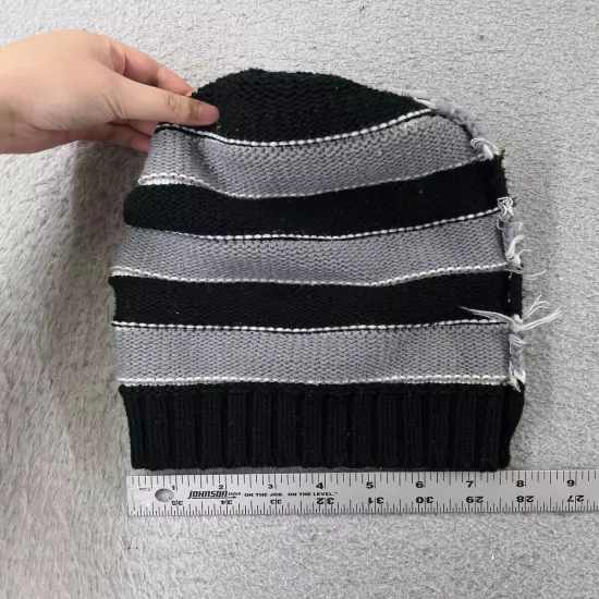 Beanie Toque Adult One Size Gray Black Knit Striped 100% Acrylic Snow Ski Pom