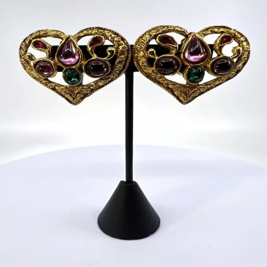 CHRISTIAN LACROIX Multicolored Glass Gemstone & Gold Tone Heart Shaped Earrings 