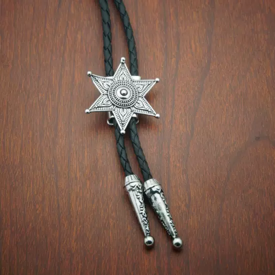 Vintage Men BOLO Tie Hexagonal Star Wedding Necklace Alloy PU Western Cowboy