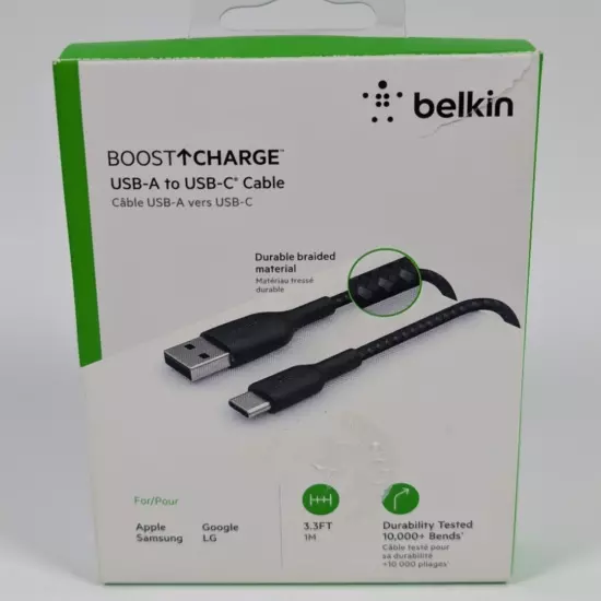 Belkin Boost Charge USB-A to USB-C Cable Black Braided Charging Cable 3.3Ft (1m)