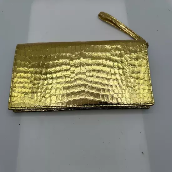 Lodis Gold Metallic Crocs Embossed Leather Long Clutch Purse