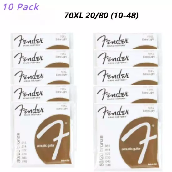 (10-48) 70XL 20/80 Bronze Extra Light Acoustic Guitar Strings For Fender 10 Pack