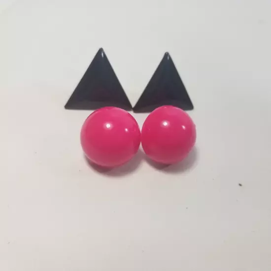 Vintage Pink Black Triangle Round Dome Pierced Earrings Mod 80s 90s