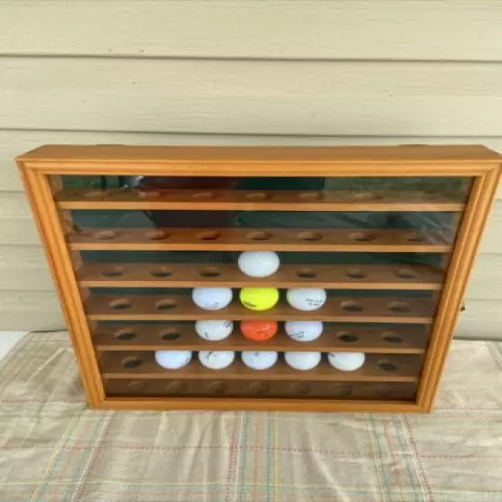 49 Golf Ball Hanging Wall Display Pine Wood Case Cabinet w/Glass Door 16x16x2.7”