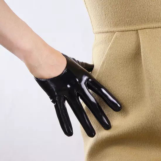 LATEX GLOVES Shine Leather Faux Patent Vegan PU 8" 21cm Short Basic Shine Black