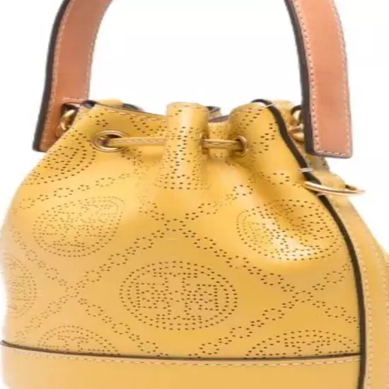 Tory Burch Mini T Monogram Bucket Bag Perforated Golden Sunset Leather Purse NWT