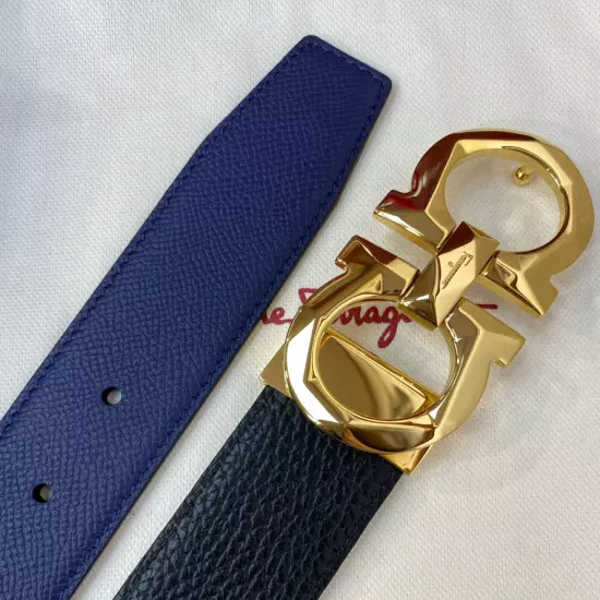 SALVATORE FERRAGAMO Reversible Men's Belt Gold Buckle Black/Blue 35"