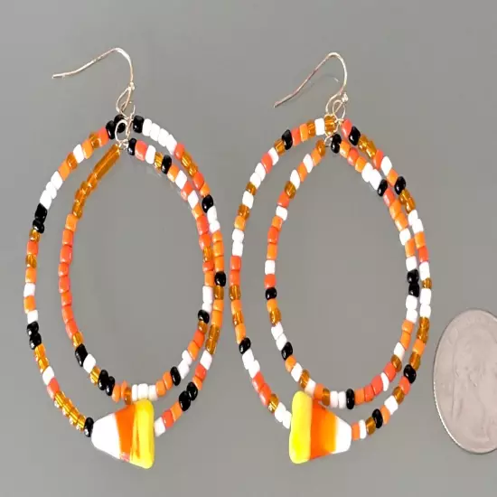 2 3/4" Halloween Orange Black Candy Corn Beaded Double Circles Dangle Earrings