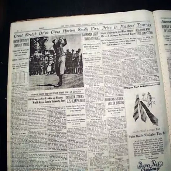 THE MASTERS TOURNAMENT Horton Smith Wins Golf Major at Augusta GA 1936 Newspaper