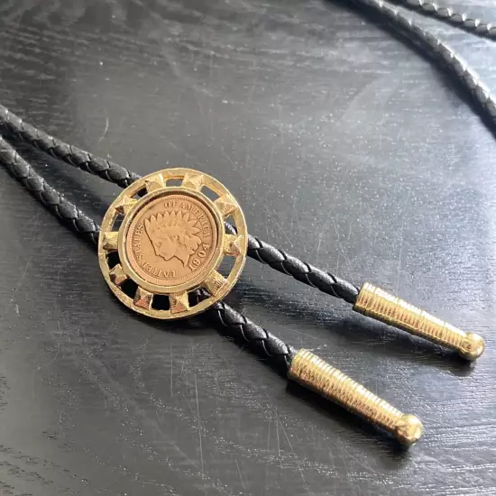 Vtg 1904 Indian Head Penny Southwest Western Bolo Tie