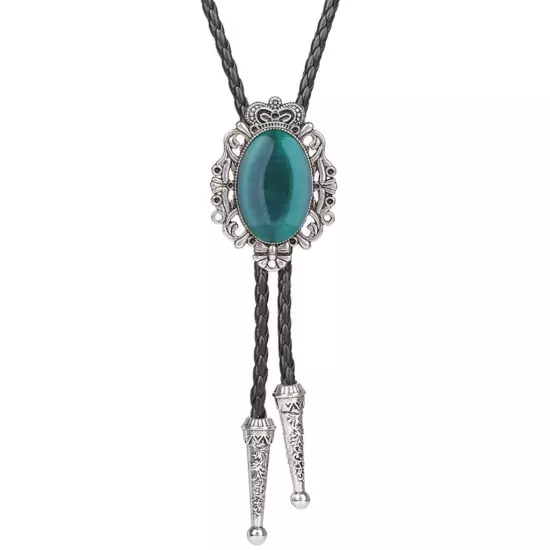 Vintage Men Bolo Tie Western Cowboy Crown Agate Turquoise Alloy Necklace PU Rope