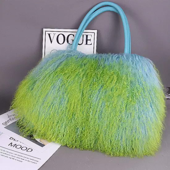 FINILUO Real Long Lamb Fur/Mongolian Fur with Genuine Leather Handles Handbag