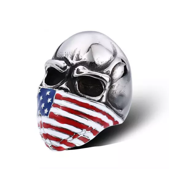 Patriot Skeleton US Flag Mask Skull Ring Stainless Steel Gothic Punk Biker Ring