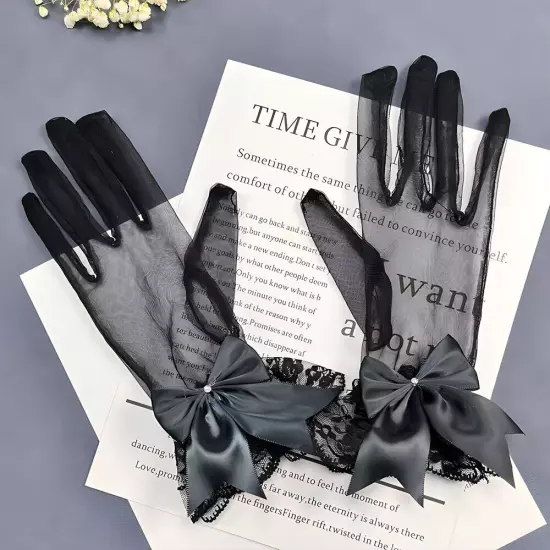 Women Short Bow Lace Floral Gloves Gothic Bride Wedding Mittens Sunscreen Gloves