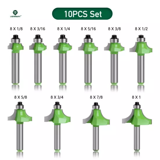 8mm Shank Round Over Edge Profile Router Bit, 2.25-12.7mm Radius 1PC/10PCS GREEN