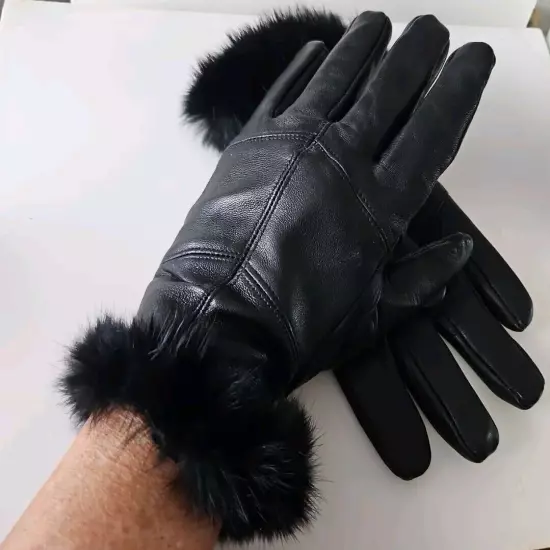 Women's Sz XL Lined Black Leather Gloves With Rabbit Fur Trim EUC