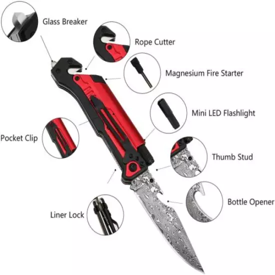 ALBATROSS 6-in-1 Damascus MultiFunction Emergency Survival Tactical Pocket Knife