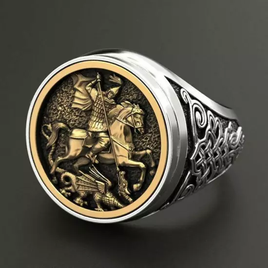 Saint George Slaying Devil Dragon Ring Roman Knight Biker Religious Gift For Men