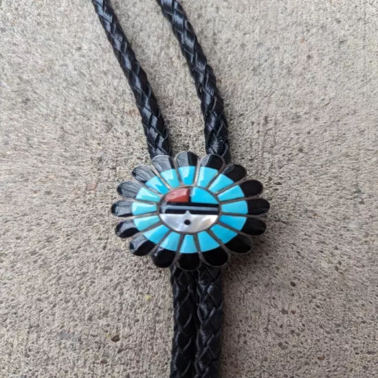 Vintage Sterling Zuni Inlay Kachina Sun Face Bolo Tie Turquoise Onyx Inlay G4