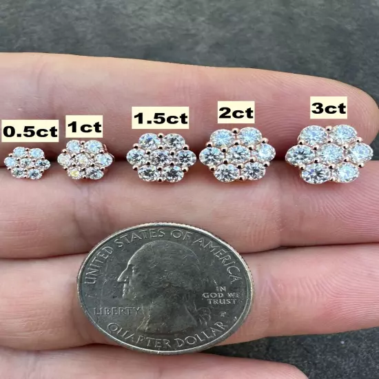 Moissanite Studs Cluster Flower Set Earrings Real 14k Rose Gold Over 925 Silver