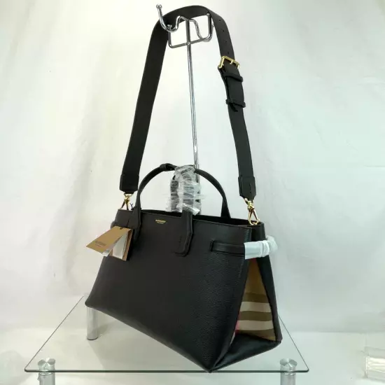 $1790 BURBERRY MD BANNER BLACK LEATHER CHECK CANVAS SHOULDER MEDIUM TOTE BAG