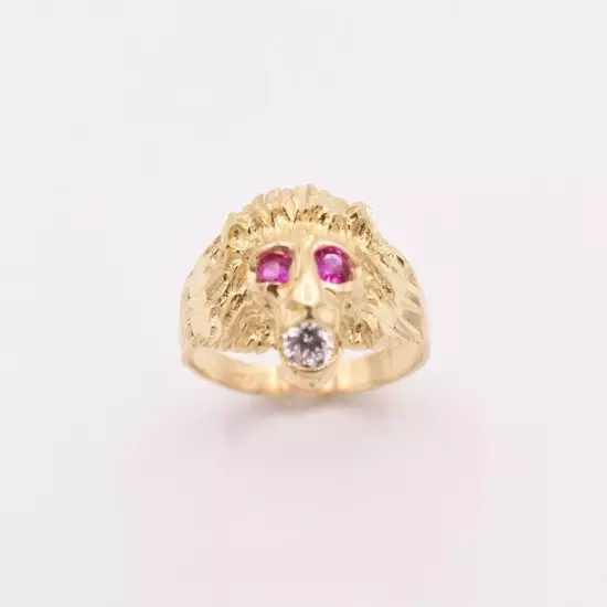 Men's Unisex Lion Head Ring Ruby Eyes & CZ Real Solid 10K Yellow Gold Size 8